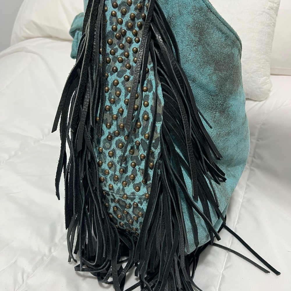 Juan Antonio Turquoise and Black Fringe Shoulder Bag - Picture 3 of 4